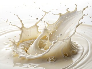 The image shows a close-up of a creamy white liquid, milk, being poured into a glass. The liquid is caught in the air, creating the illusion of being spilled. The background is blurred, emphasizing th
