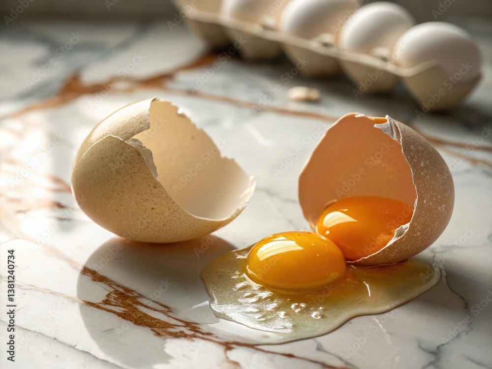 Aufkleber a carton of eggs with two cracked open to reveal yolks and whites. the yolks are runny and yellow, w