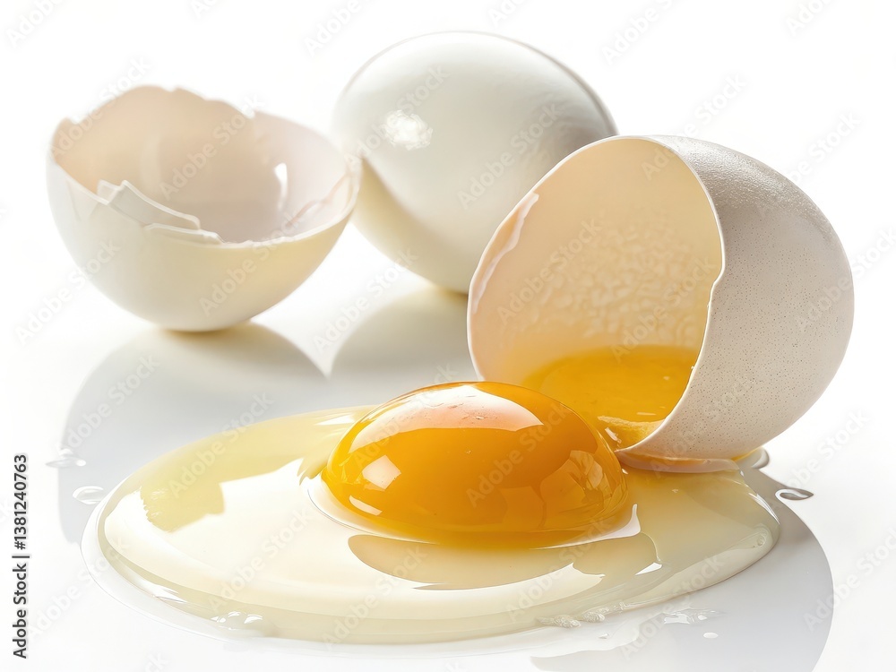 Poster  eggs with two cracked open to reveal yolks and whites. The yolks are runny and yellow, while the whites are thin and white.