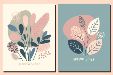 set with flowers and leaves in trendy flat simple style for spring and summer background. Two vector arts with plants, leaves, flowers
