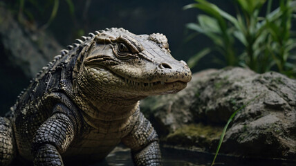 Obraz premium A crocodile with rough, scaly skin and a powerful build is shown in close up.
