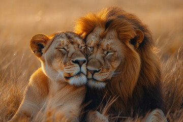 Two lions are laying down in the grass, one of them is licking the other