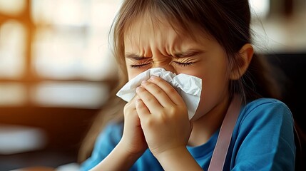 Child experiencing allergy symptoms while sneezing and holding a tissue in a bright indoor setting, illustrating the challenges of allergies in children, allergy awareness concept
