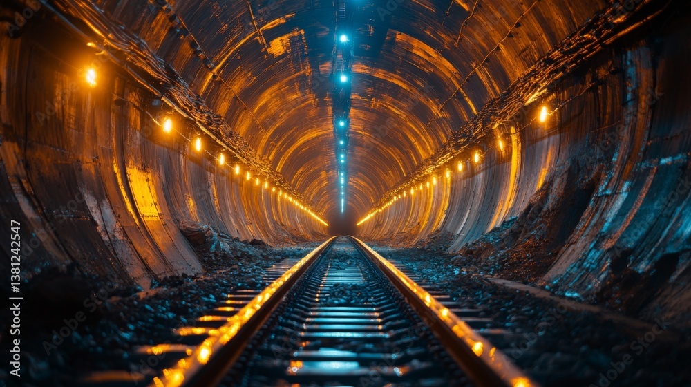 Poster Deep underground mining tunnels feature illuminated walls and tracks, highlighting the processes of excavation and infrastructure development in mineral extraction activities.
