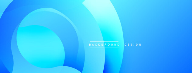 Bright blue abstract background. Overlapping circles create dynamic visual effect. Smooth gradients add depth, modern feel. Clean design.