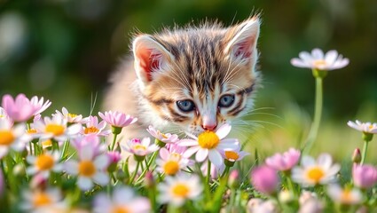 Kitten Discovers Spring Flowers, Exploring a Patch of Blooms