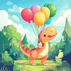 Fototapeta premium Joyful dinosaur cartoon in nature 2d illustration with balloons playful environment and bright viewpoint