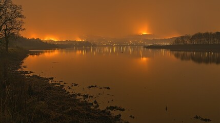 Naklejka premium Nightfall Reflection over Calm Waters
