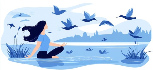 A woman is sitting in the water, surrounded by birds. A flat vector illustration of a woman doing yoga for International Yoga Day on a white background.