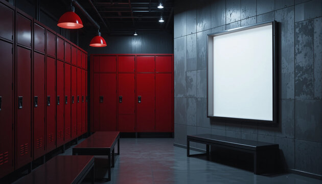 Industrial gym locker room with blank poster frame mockup for fitness branding.