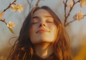 Naklejka premium Serene woman with long hair and closed eyes standing in a sunlit meadow, soft natural lighting, peaceful atmosphere, green grass, outdoor scenery, tranquil mood.