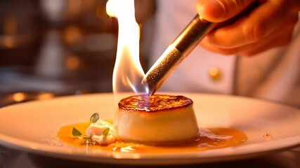 Chef creates stunning dessert with flaming sugar at upscale restaurant in the evening
