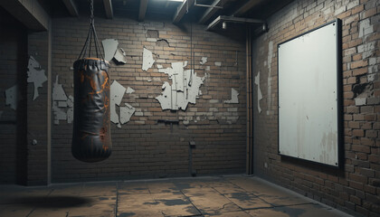 Mockup of brick wall building interior with hanging boxing bags and picture frames on the wall.