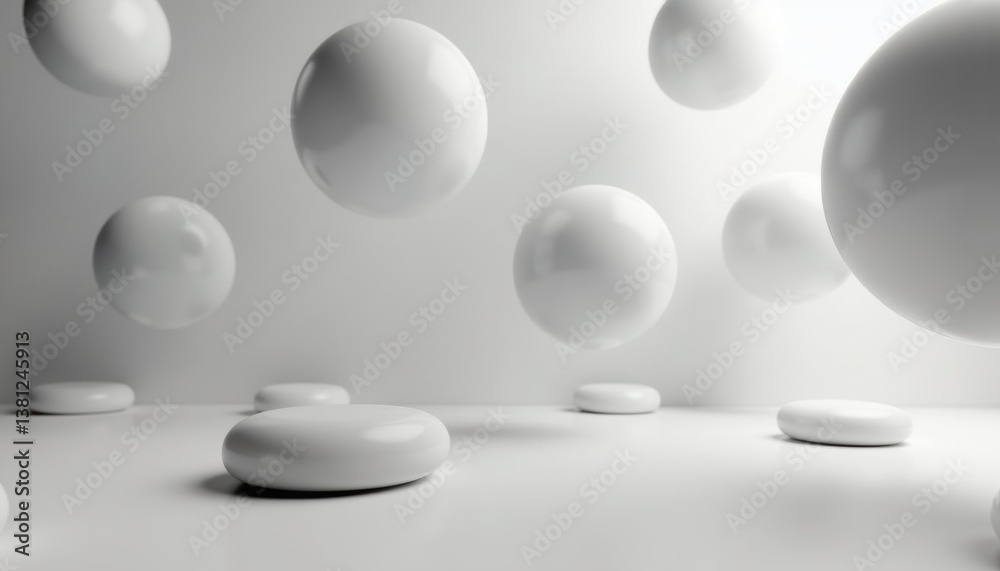 Poster abstract white spheres floating in a minimalist environment