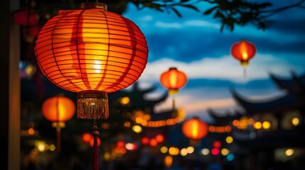 Obraz premium Traditional Chinese lanterns gently floating in the sky at dusk creating a peaceful and festive atmosphere