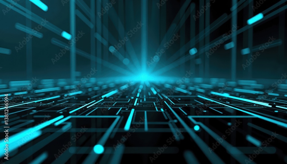 Poster Abstract digital lines converging towards a bright light in dark space -  
