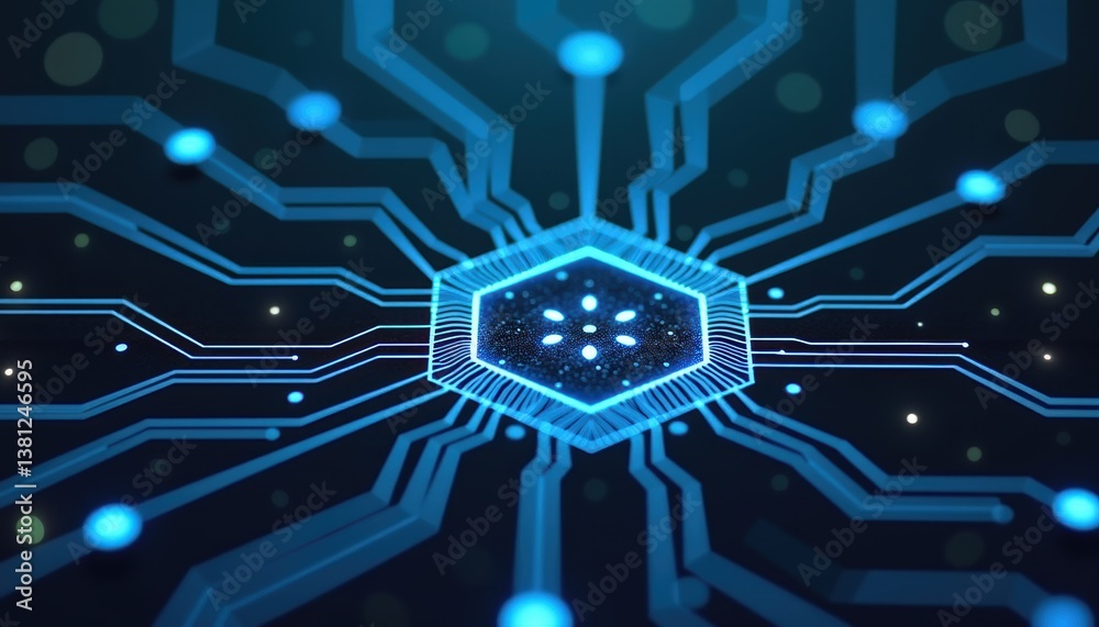 Poster digital circuit board with glowing elements in blue and black