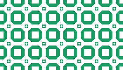 Seamless geometric vector pattern with green octagonal shapes and white square centers on a white background. Modern and clean design perfect for wallpapers, textiles, and digital prints