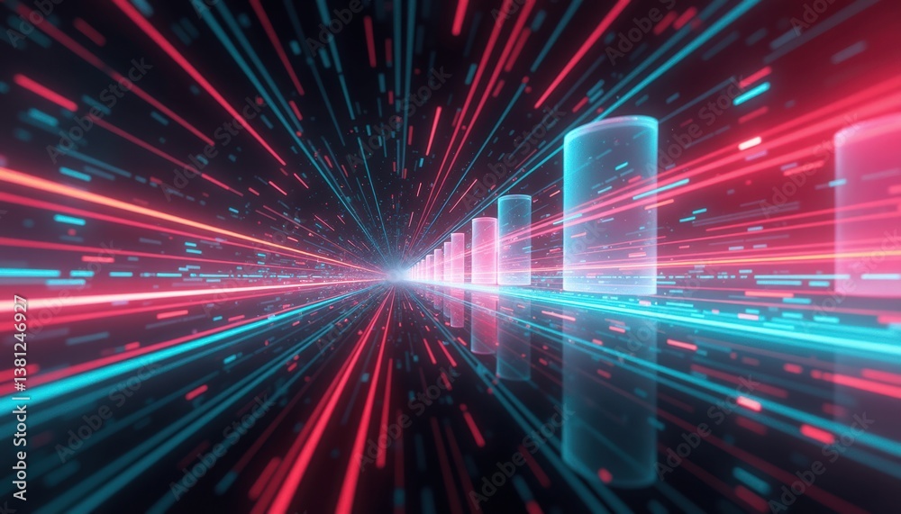 Poster Abstract data visualization with neon lines and bars  