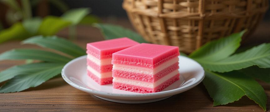 Kuih lapis is a traditional Malay nyonya sweet desert on wooden table.