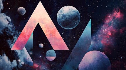 This artwork presents a geometric view of planets, stars, and galaxies, with vibrant colors and surreal designs that celebrate the beauty of the cosmos and space exploration.