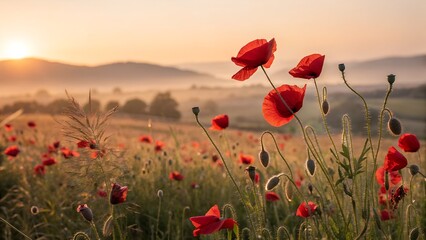 Vibrant poppy field bathed in warm sunlight. Red flowers bloom against a soft blurred background. Serene landscape evokes feelings of peace, joy. Nature beauty, floral paradise. 
