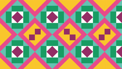 Colorful geometric ethnic pattern with diamond and square shapes, featuring a bright combination of yellow, pink, green and purple