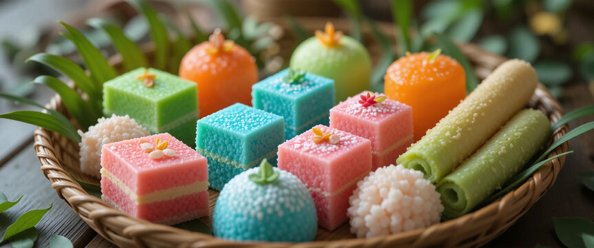 Traditional Malaysian kueh lapis and assorted colorful kuih on woven bamboo tray.