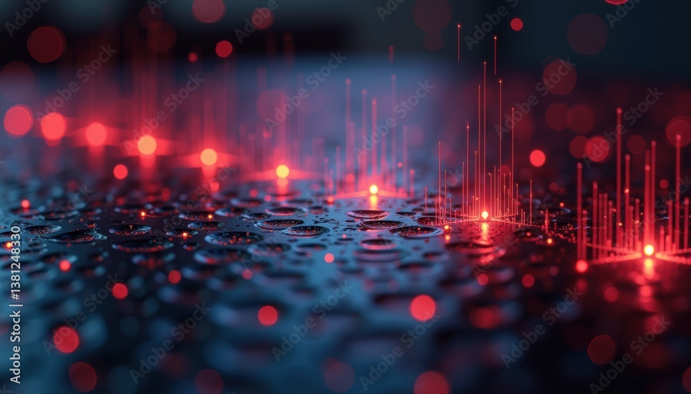 Poster abstract red and blue digital lights reflecting on wet surface