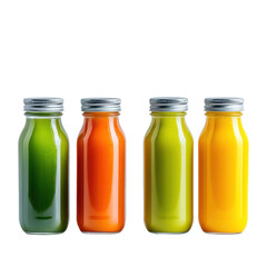 Colorful juice bottles with vibrant smoothies and cold-pressed juices in glass jars on transparent background