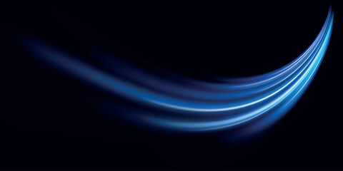 Blue wind waves effect. Abstract light motion trails with sparkles isolated on black background. Light blue Twirl. Curve light effect of blue line. Luminous blue circle. 