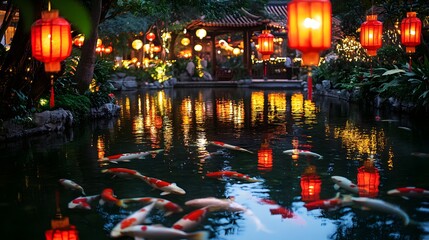 Obraz premium A peaceful koi pond surrounded by red lanterns and golden decorations reflecting perfectly on the water surface