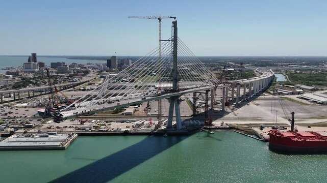 New Corpus Christi US 181 Harbor Bridge under construction in Corpus Christi, Texas 4K Aerial Drone Shot