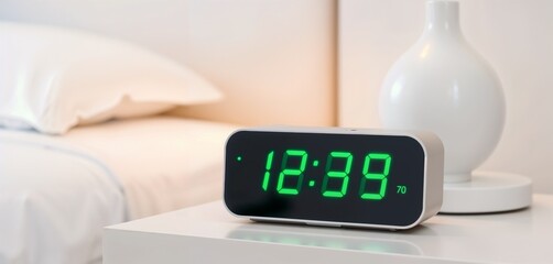 Digital clock. Modern digital alarm clock with green LED display on night table.