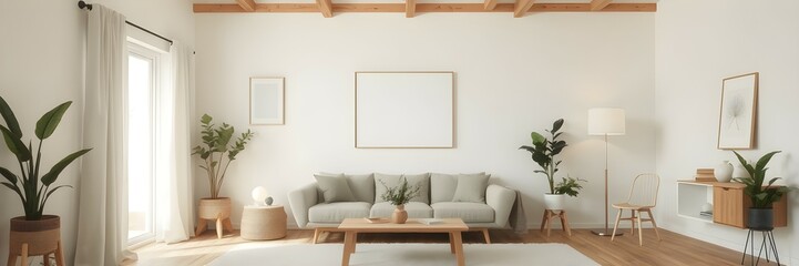 Minimalist Scandinavian living room with a neutral color palette, wooden furniture, natural décor, indoor plants and modern accents