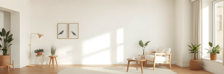 Minimalist Scandinavian living room with a neutral color palette, wooden furniture, natural décor, indoor plants and modern accents