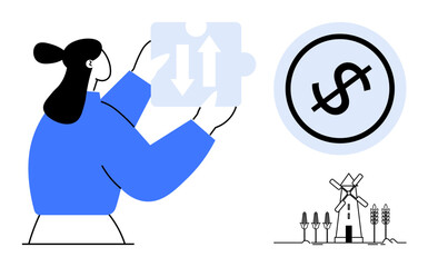 Woman holding puzzle piece with opposite arrows near dollar sign and minimal farm elements. Ideal for teamwork, financial growth, agriculture, economy, exchange, strategy, flat simple metaphor