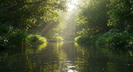Tranquil forest river with sunlight filtering through lush greenery