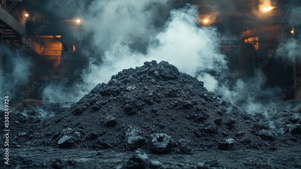 Poster coal sits in a mound at a mining site where extraction and metallurgy activities take place, with sm