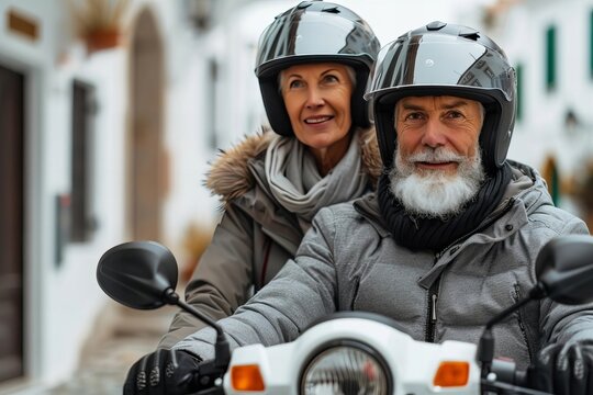 Elderly couple explores seaside town on scooter - Powered by Adobe