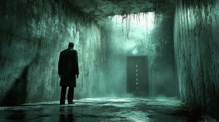 Fototapeta premium The Enigma of the Forgotten Corridor: A Man Contemplates an Eerie Door in a Decaying Structure
