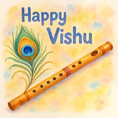 Fototapeta premium Happy vishu greeting card with peacock feather and flute