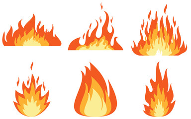 Set of fire icons. Flame design of different shapes.  flames flat set .Simple vector flame icons in flat style of vector illustration