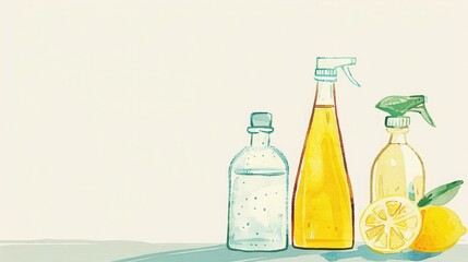 Natural Cleaning Products, Lemons, vinegar, and water in spray bottles.