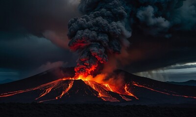 Dramatic volcanic eruption spewing fiery lava and thick ash clouds into the dark night sky. Glowing molten rocks cascading down the slopes, with flashes of lightning within the ash plume 