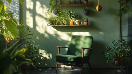 Contemporary plant-filled interior, soft green palette with velvet accent chair, elevated shelf lined with foliage in various textured pots