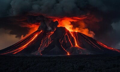 Dramatic volcanic eruption spewing fiery lava and thick ash clouds into the dark night sky. Glowing molten rocks cascading down the slopes, with flashes of lightning within the ash plume 