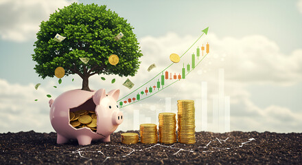 Creative financial growth concept with a piggy bank transforming into a money tree, symbolizing investment, savings, and wealth accumulation.
