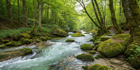 Obraz premium A Cool Stream Flowing Through a Dense Forest