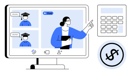 Teacher conducting a live online class with two students on a monitor, calculator for financial planning, and a dollar sign. Ideal for e-learning, education, virtual finance, courses, webinars